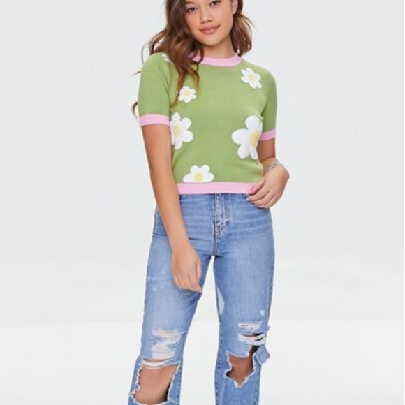 Forever 21 Vintage Inspired Springtime Daisy Floral Sweater Knit Top Womens Sz L - Picture 2 of 16